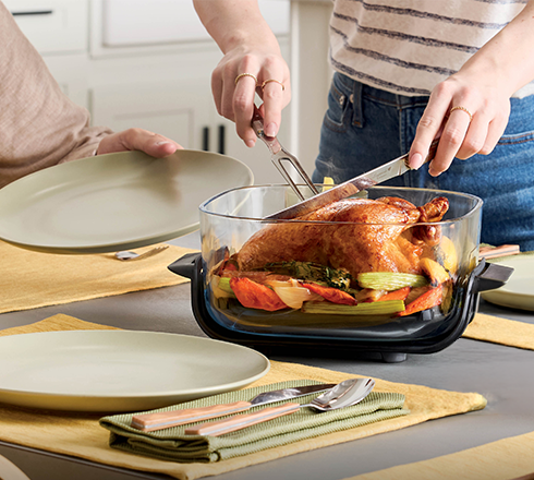 Whole chicken and vegetables served in Ninja CRISPi glassware