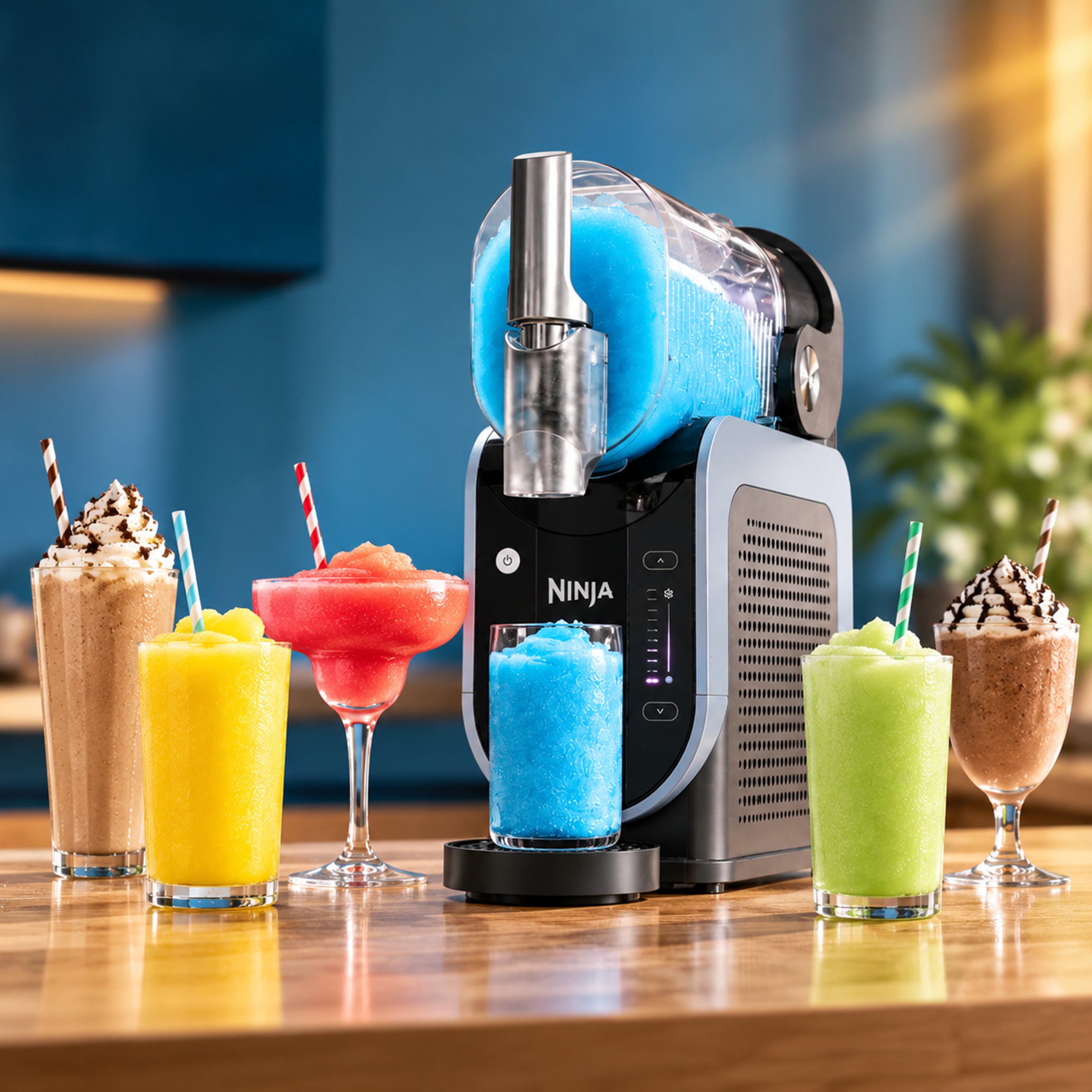 Ninja SLUSHI with blue slush, surrounded by colourful frozen drinks and milkshakes