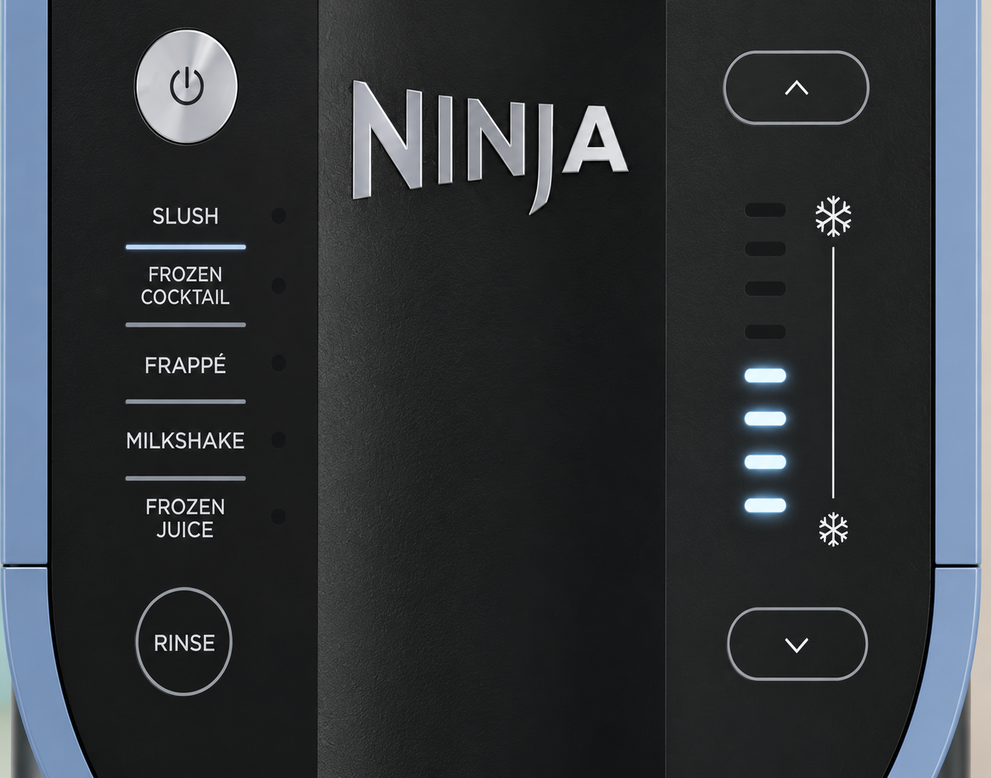 Ninja SLUSHI control panel showing five drink presets and Rinse mode