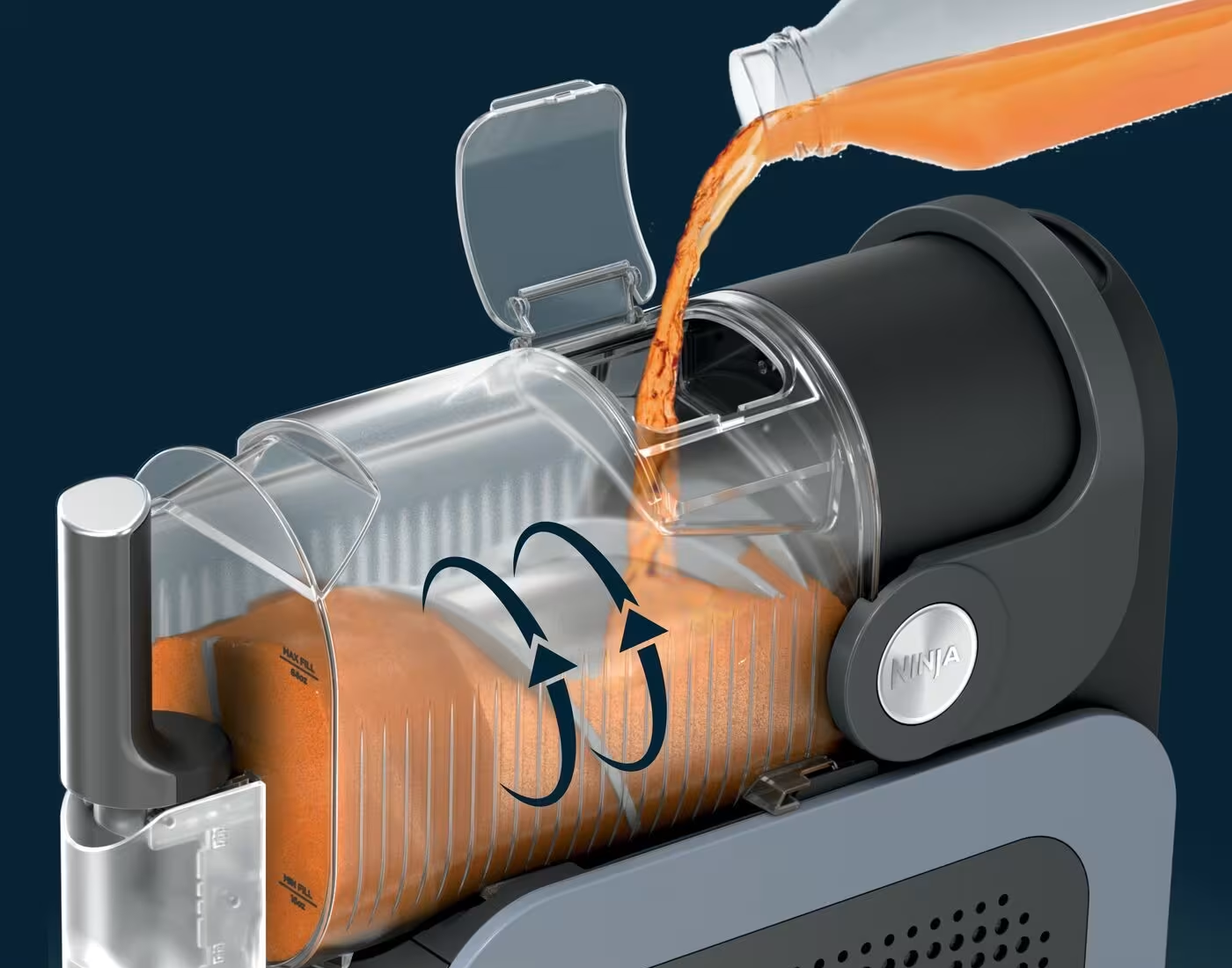 Liquid poured into the Ninja SLUSHI vessel, with arrows illustrating circulation around the cooling cylinder