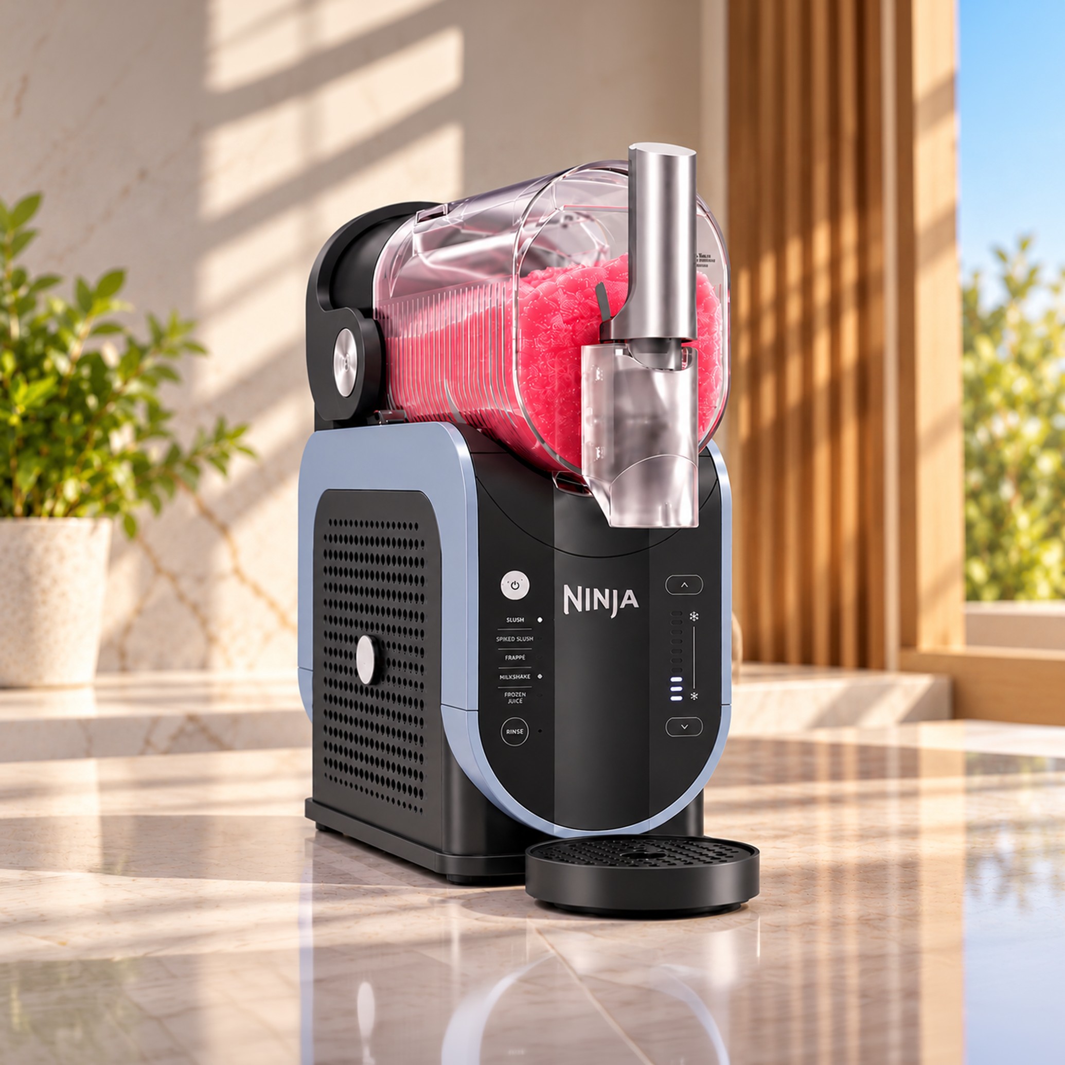 Ninja SLUSHI frozen drink maker filled with pink slush on a kitchen counter