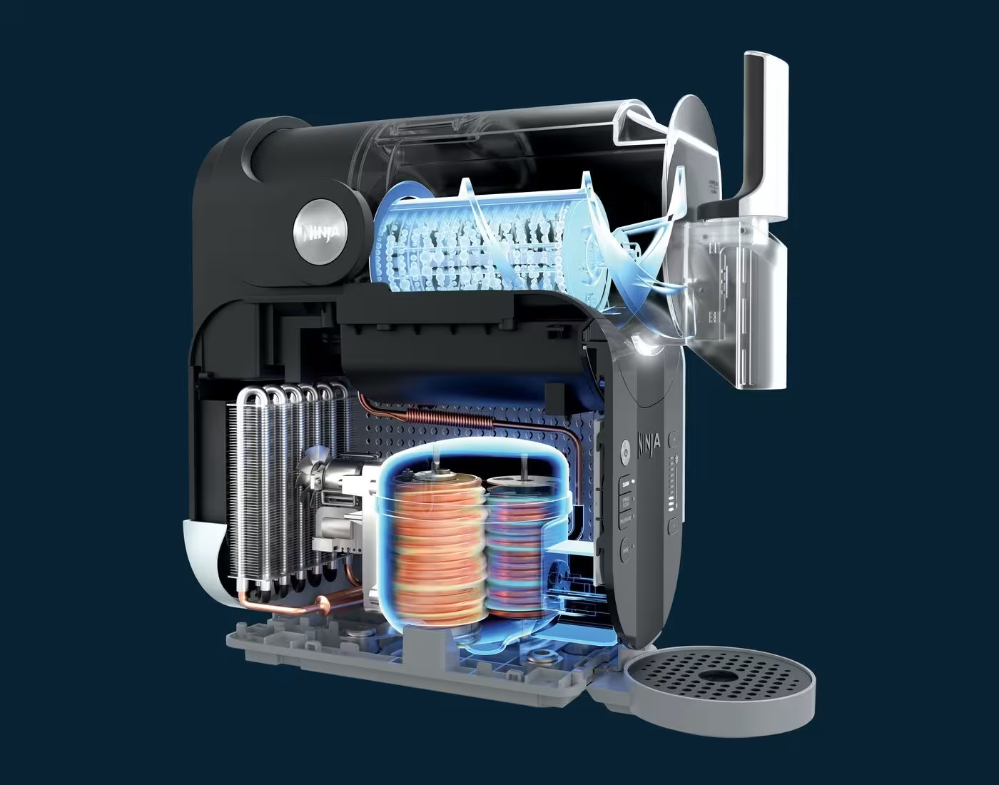 Cutaway view of the Ninja SLUSHI WhisperChill compressor and cooling system